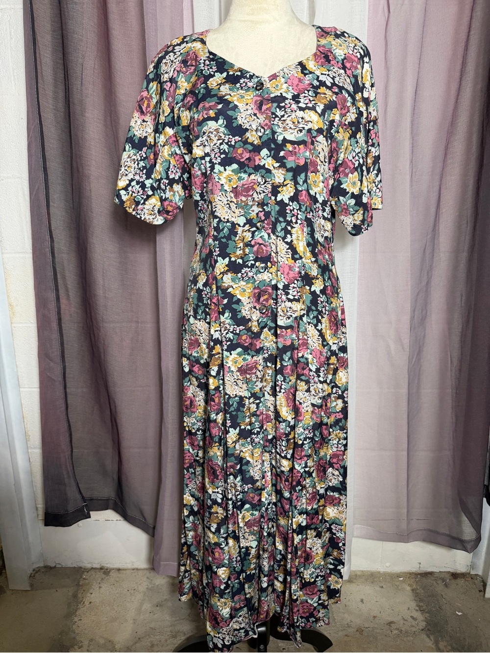 Vintage Floral Midi Dress in Teal with Pink & Yellow Blooms